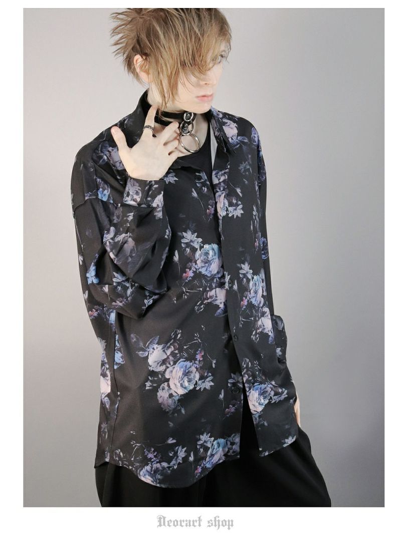 BY7056 ルーズシルエット・ダークカラー ローズ柄 総柄 シャツ[dark