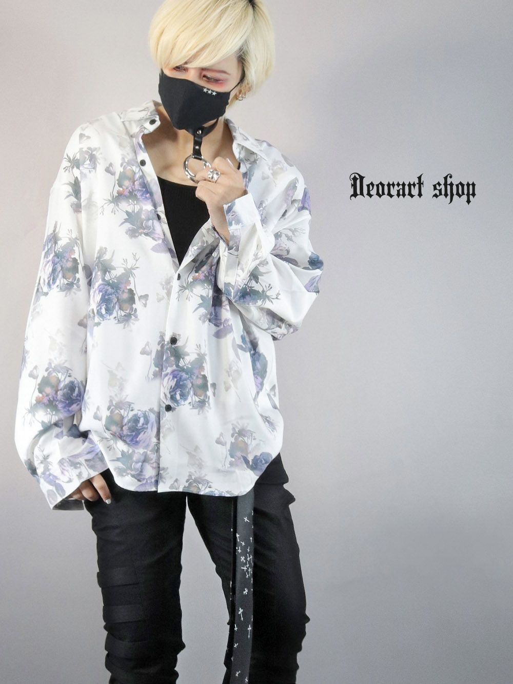 BY7056 ルーズシルエット・ダークカラー ローズ柄 総柄 シャツ[dark