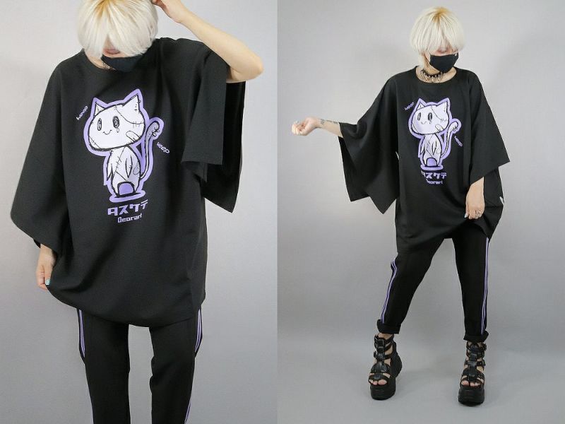 DRT2786 オーバーサイズ・着物袖 プリントTシャツ [ シクシクネコ
