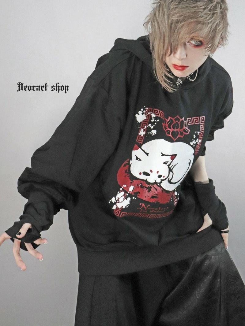 Deorart,ディオラート,地雷系,猫耳パーカー,ネコミミパーカー,猫柄,和柄,妖怪,招き猫,ケモ耳,フード,V系,emo,punk,rock,原宿 ,ゴシック,モード,ファッション,服,通販