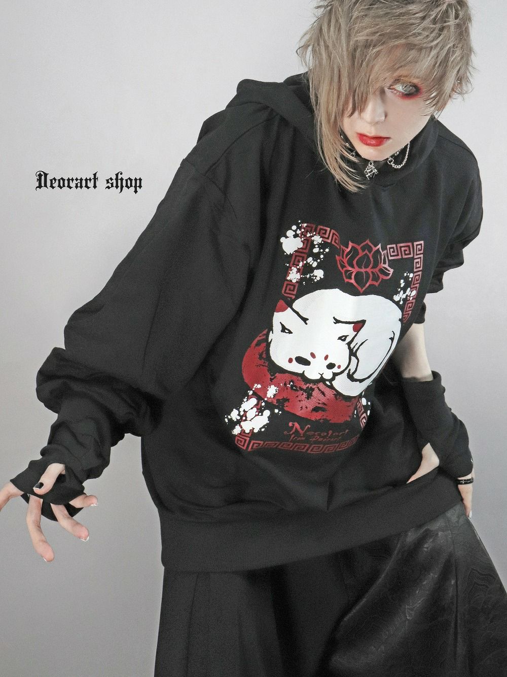 Deorart,ディオラート,地雷系,猫耳パーカー,ネコミミパーカー,猫柄,和柄,妖怪,招き猫,ケモ耳,フード,V系,emo,punk,rock,原宿 ,ゴシック,モード,ファッション,服,通販
