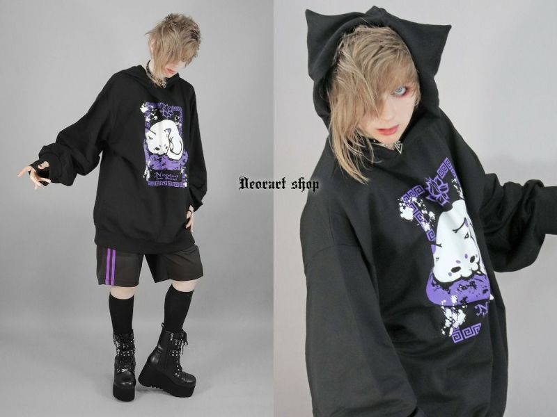 Deorart,ディオラート,地雷系,猫耳パーカー,ネコミミパーカー,猫柄,和柄,妖怪,招き猫,ケモ耳,フード,V系,emo,punk,rock,原宿 ,ゴシック,モード,ファッション,服,通販