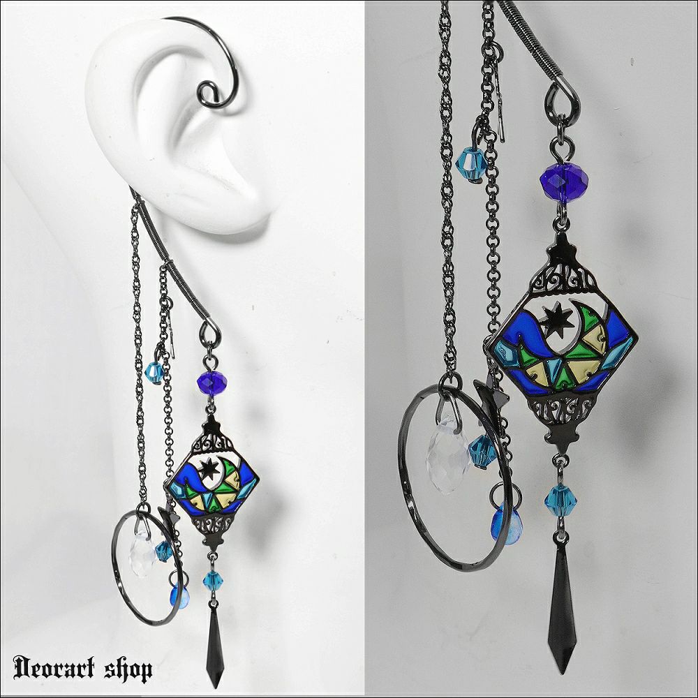 Deorart,ディオラート,イヤーフック,イヤリング,ゴシック,エスニック,ランタン,ステンドグラス風,月モチーフ,青,かわいい,ミステリアス,ゆれる,ロングタイプ,かっこいい,コスプレ,創作,サブカル系,