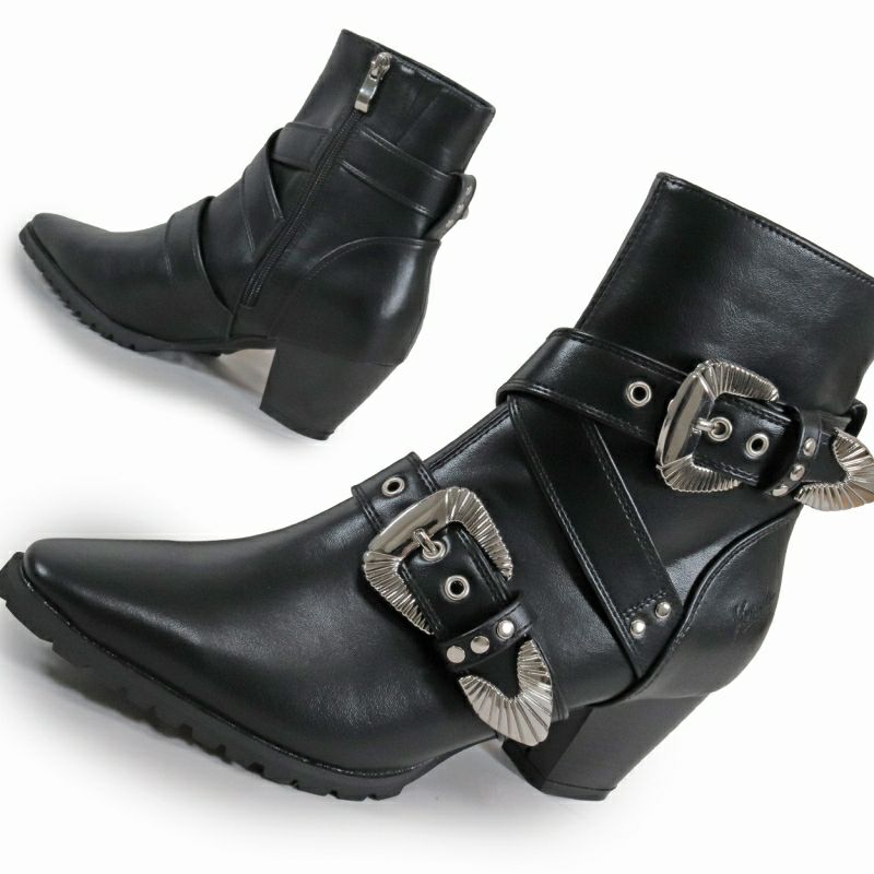 BY4282 [ 23.5～27.0cm ] ポイントトゥ・ シルバーバックル ブーツ 