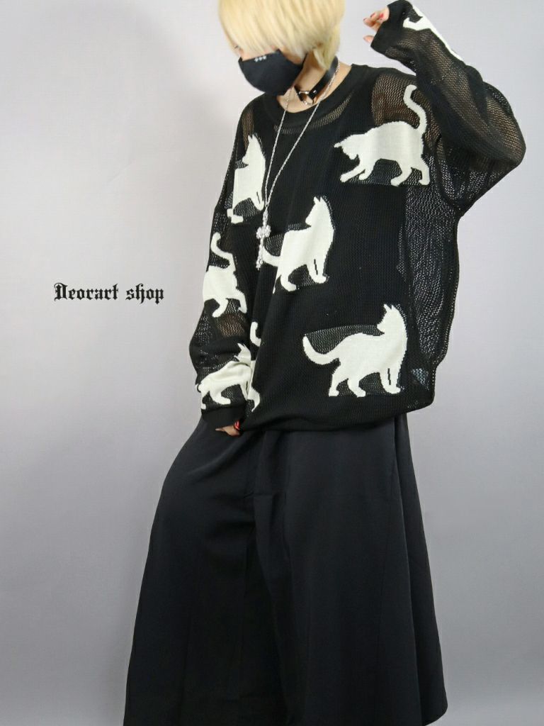 Deorart,ディオラート,かわいい,かっこいい,猫柄,夏,春,ニット,薄手ニット,サマーニット,透かし編み,透けニット,パンクファッション,ゴシックファッション,地雷系男子,地雷系女子,サブカル系ファッション,ライブ衣装,V系,