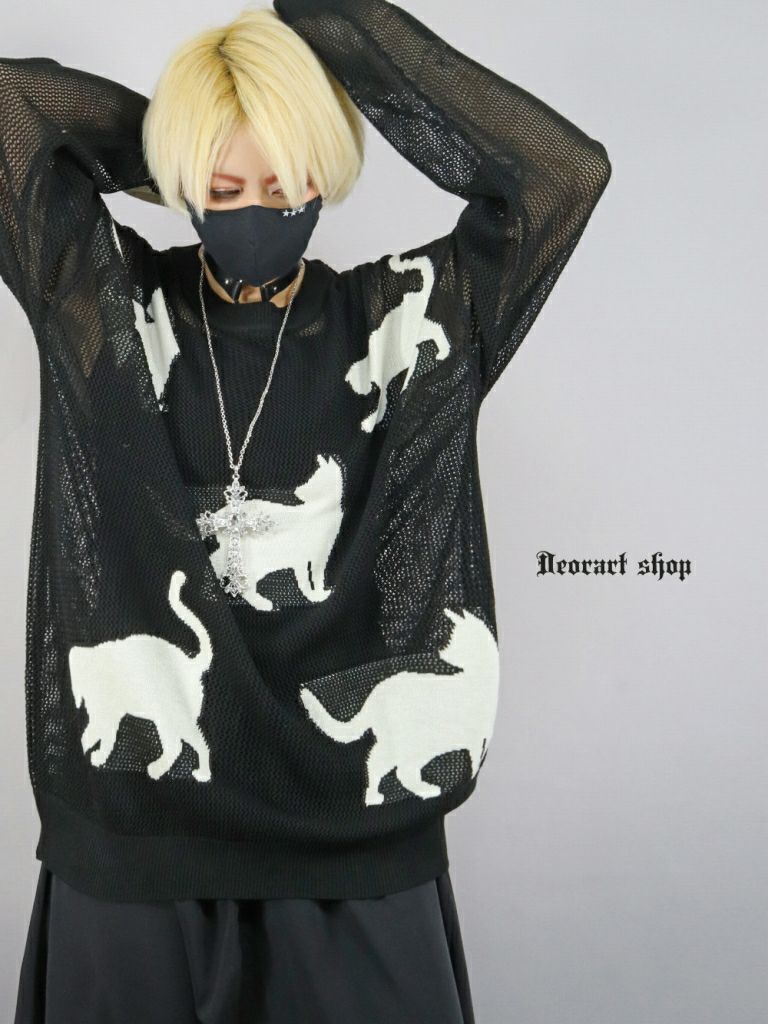 Deorart,ディオラート,かわいい,かっこいい,猫柄,夏,春,ニット,薄手ニット,サマーニット,透かし編み,透けニット,パンクファッション,ゴシックファッション,地雷系男子,地雷系女子,サブカル系ファッション,ライブ衣装,V系,