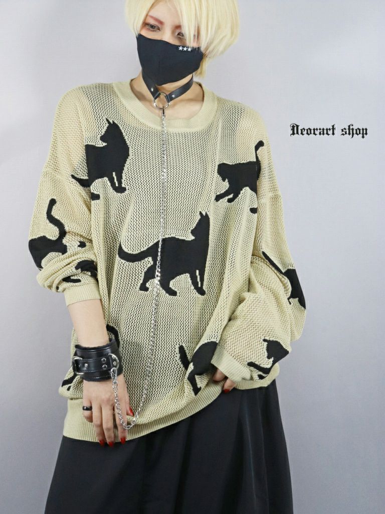 Deorart,ディオラート,かわいい,かっこいい,猫柄,夏,春,ニット,薄手ニット,サマーニット,透かし編み,透けニット,パンクファッション,ゴシックファッション,地雷系男子,地雷系女子,サブカル系ファッション,ライブ衣装,V系,