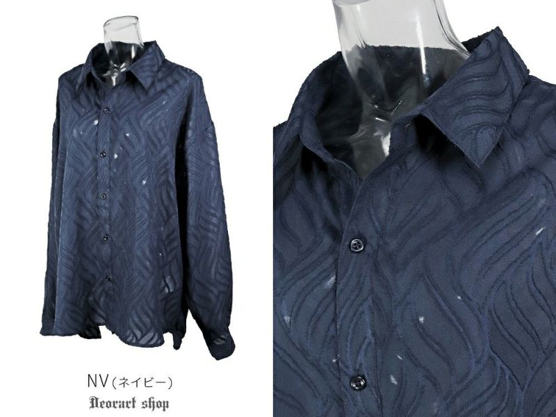 BY7094 透け感 シアー・ジャガードシャツ[リーフ柄] (セレクト