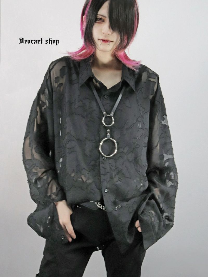 BY7101 透け感 シアー・ジャガードシャツ[ローズ・薔薇 柄] (セレクト