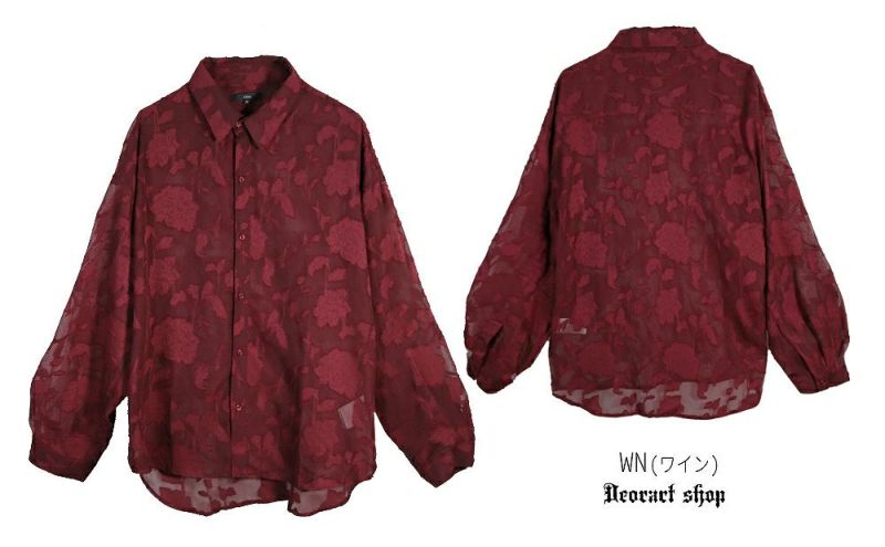 BY7101 透け感 シアー・ジャガードシャツ[ローズ・薔薇 柄] (セレクト