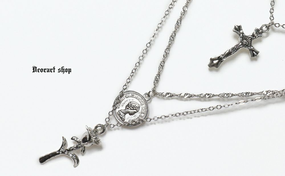 Deorart,ディオラート,V系,ヴィジュアル系,ネックレス,ペンダント,ジャラジャラ,重ね付け,3連,4連,三連,四連,薔薇,十字架,ネックレス,バンド,メンズ,レディス