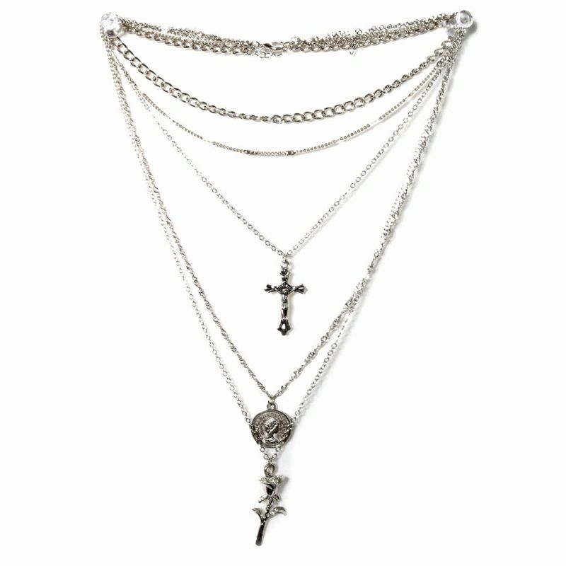 BY1166 [ 薔薇 ]3連 チェーン ネックレス [十字架・cross