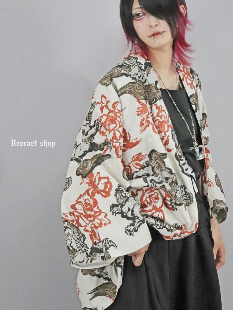 Deorart,ディオラート,和装,和柄,羽織り,浴衣,着物,白,黒,狛犬,獅子,中華柄,派手,ゴシック,和ゴス,コスプレ,衣装,, 地雷系,ライブ,V系,emo,Vrock,kimono,anime,fashion