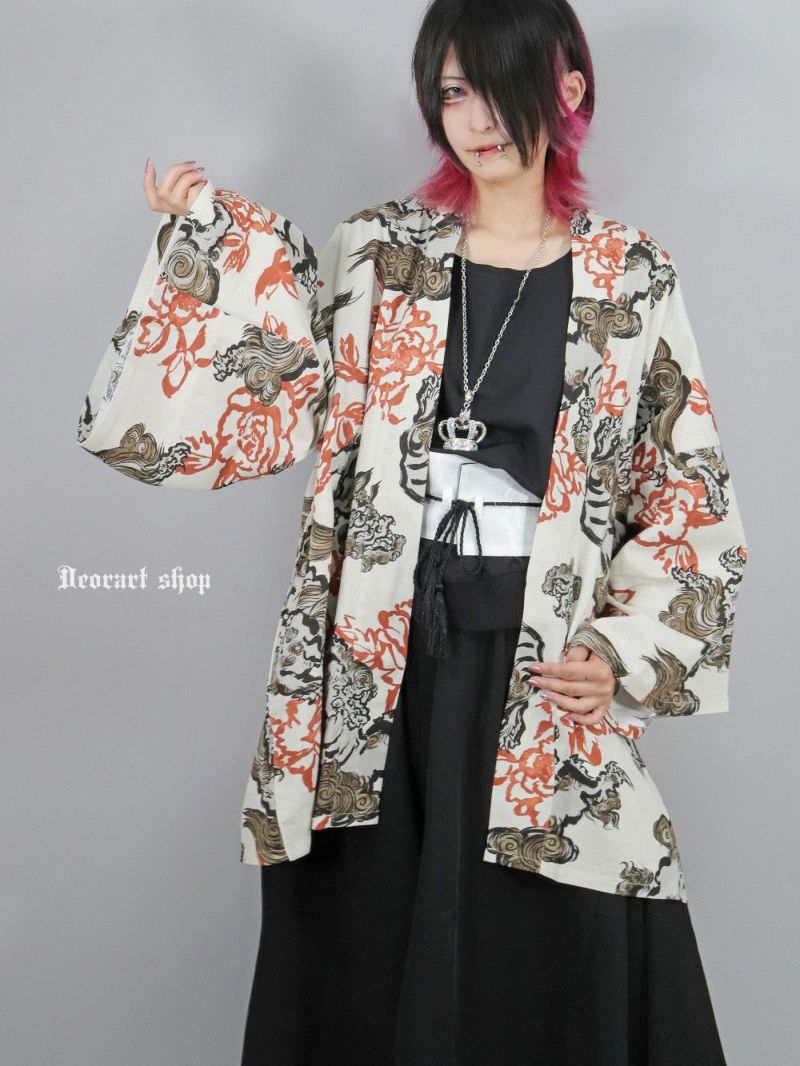 Deorart,ディオラート,和装,和柄,羽織り,浴衣,着物,白,黒,狛犬,獅子,中華柄,派手,ゴシック,和ゴス,コスプレ,衣装,, 地雷系,ライブ,V系,emo,Vrock,kimono,anime,fashion