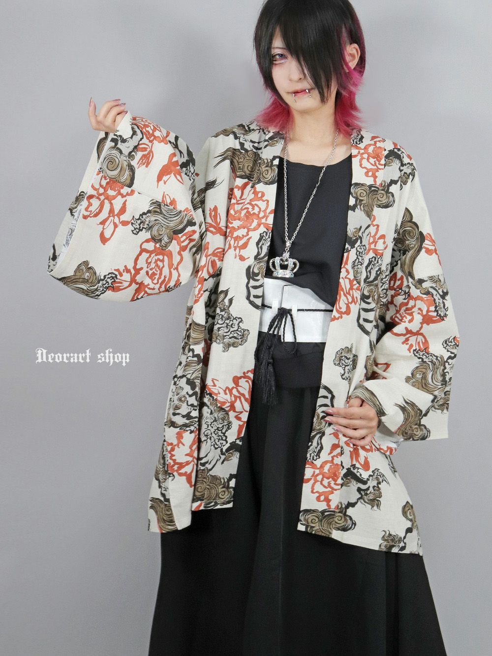 Deorart,ディオラート,和装,和柄,羽織り,浴衣,着物,白,黒,狛犬,獅子,中華柄,派手,ゴシック,和ゴス,コスプレ,衣装,, 地雷系,ライブ,V系,emo,Vrock,kimono,anime,fashion