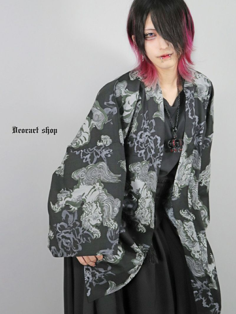 Deorart,ディオラート,和装,和柄,羽織り,浴衣,着物,白,黒,狛犬,獅子,中華柄,派手,ゴシック,和ゴス,コスプレ,衣装,, 地雷系,ライブ,V系,emo,Vrock,kimono,anime,fashion