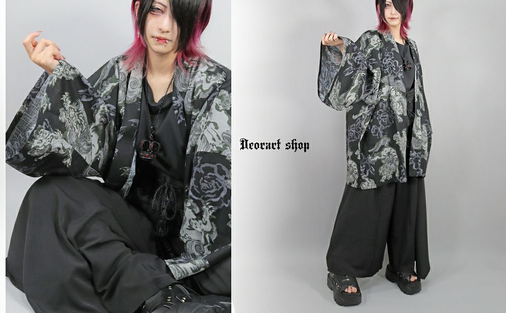 Deorart,ディオラート,和装,和柄,羽織り,浴衣,着物,白,黒,狛犬,獅子,中華柄,派手,ゴシック,和ゴス,コスプレ,衣装,, 地雷系,ライブ,V系,emo,Vrock,kimono,anime,fashion