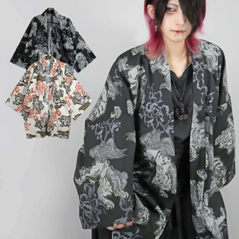 Deorart,ディオラート,和装,和柄,羽織り,浴衣,着物,白,黒,狛犬,獅子,中華柄,派手,ゴシック,和ゴス,コスプレ,衣装,, 地雷系,ライブ,V系,emo,Vrock,kimono,anime,fashion