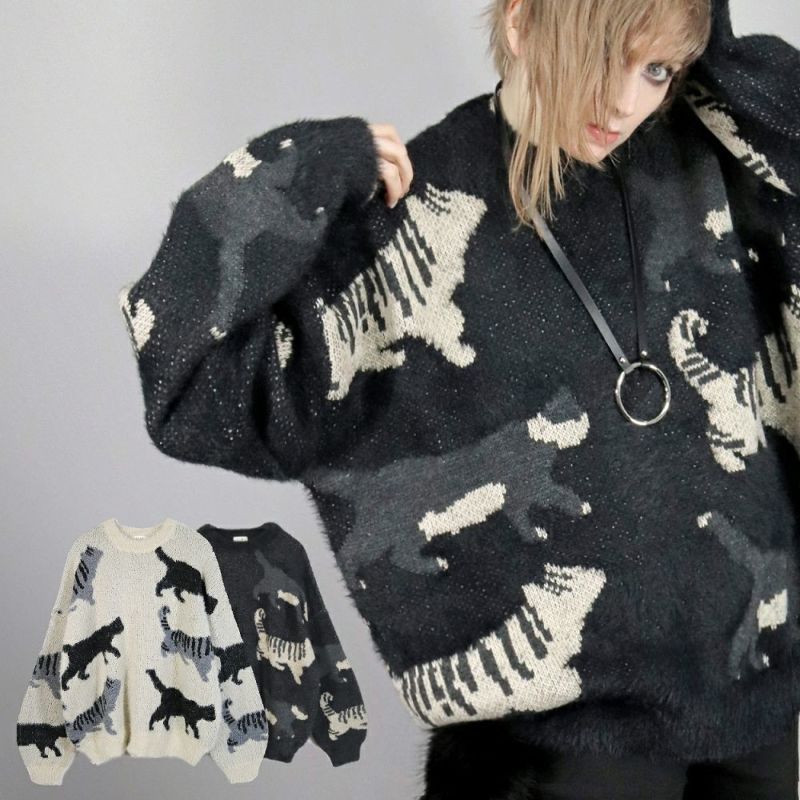 BY7105 オーバーサイズ・ネコ柄 シャギーニット [ 猫柄 ] | Deorart shop